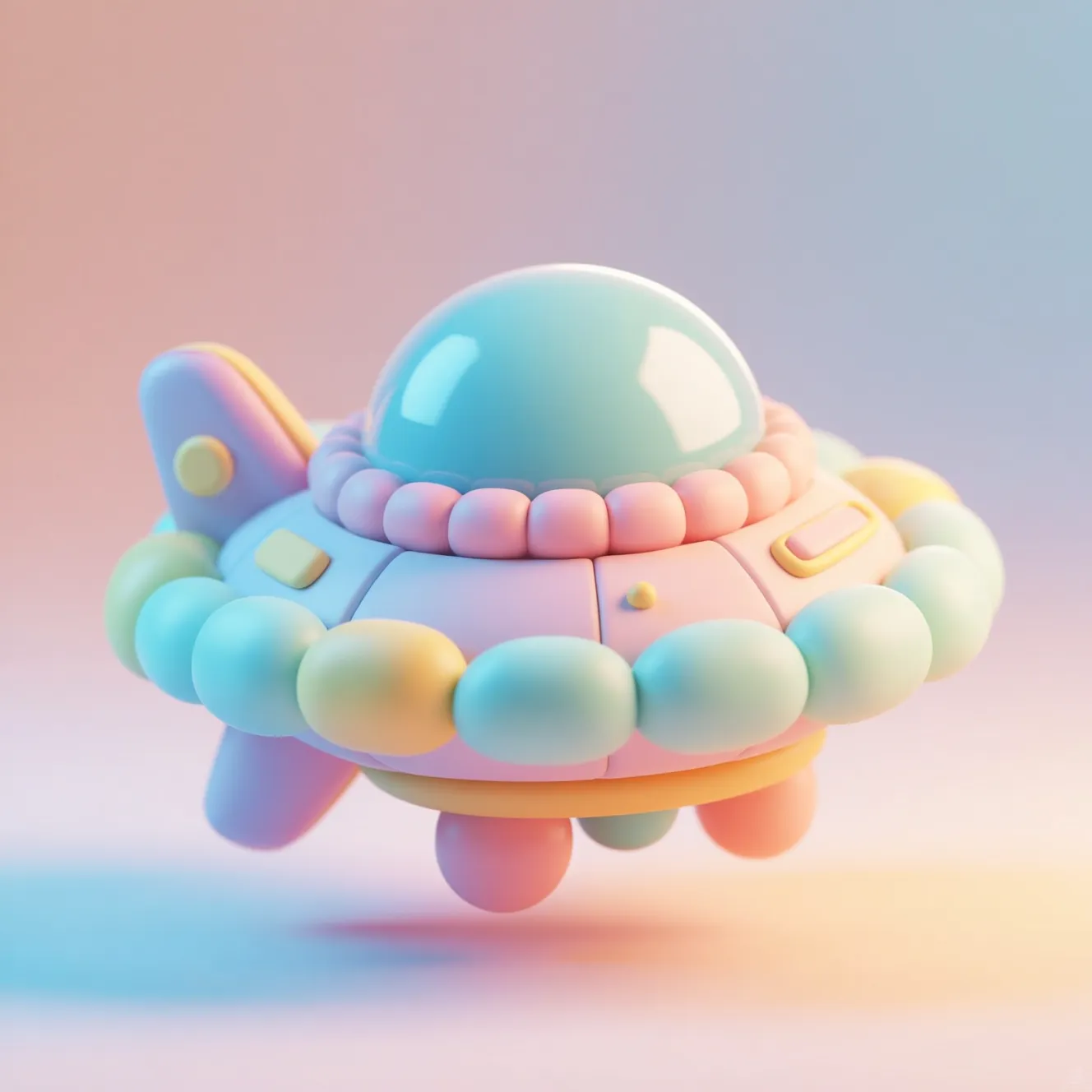 A claymorphic 3D of an [spaceship], designed with soft, bouncy shapes and squishy inflated edges. Rendered in bright pastel colors with chunky drop shadows and a smooth, playful aesthetic. Set against a gentle gradient background, radiating cheerful, childlike charm.